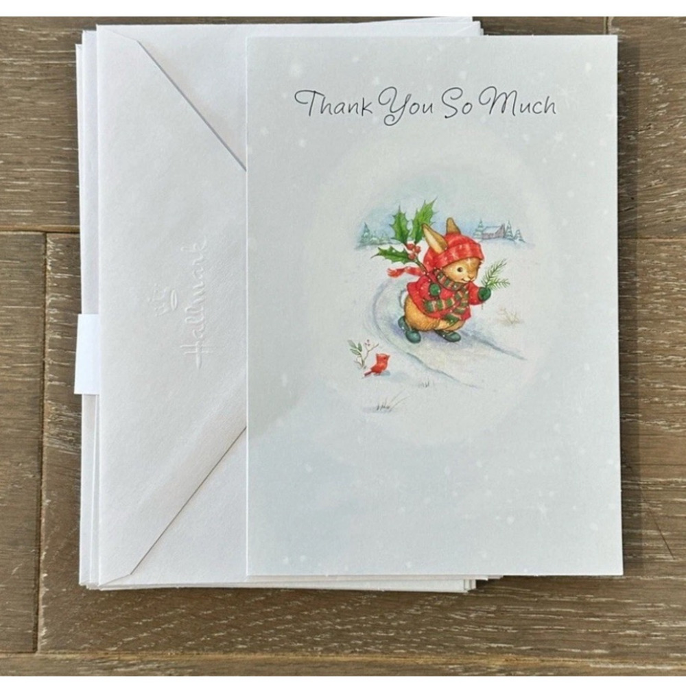 Vintage Hallmark holiday Christmas Thank you notecards Red coat bunny hallmark